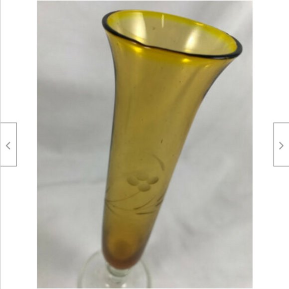 8" Etched Berry & Vine Amber Glass Flower Bud Vase with Clear Base - Picture 1 of 8